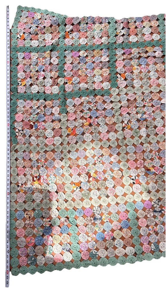 Antique Handmade Yo-Yo Quilt 64x94 Bedspread Patchwork Cottagecore