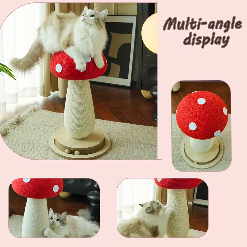 Cat Scratching Post - Red Mushroom with Interactive Turntable & Sisal Surface
