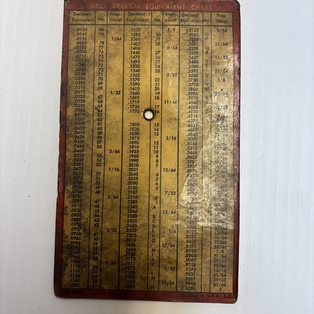 Snap-on Tools 5-52 Tap Drill Size Indicator Circular Round Slide Rule Chart 1952
