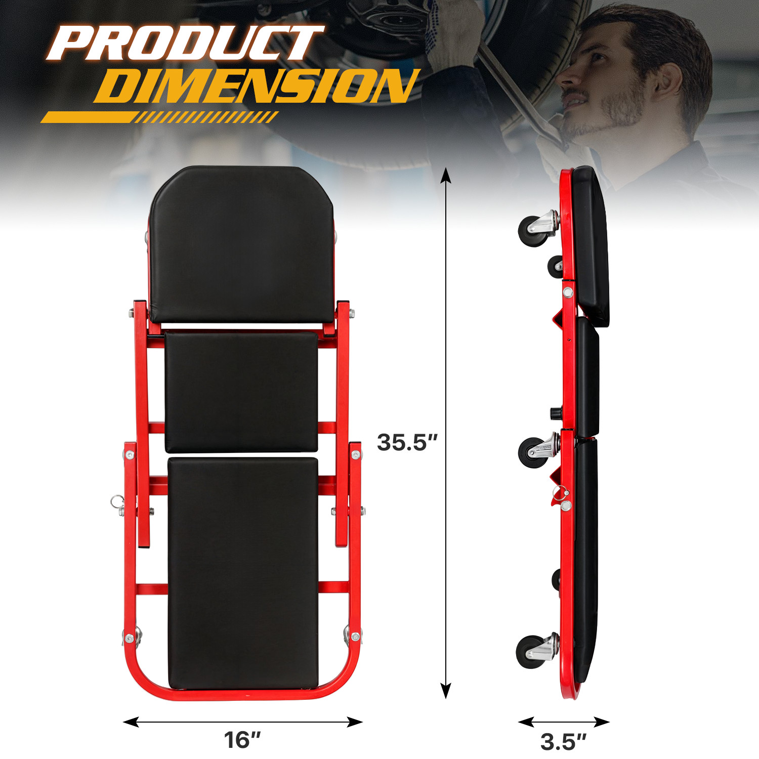 36" Red[FOLDABLE CREEPER+UPHOLSTERED SEAT]Rolling Mechanic Vehicle Repair Stool