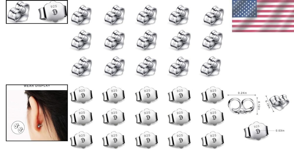 30pcs/15 Pairs 925 Sterling Silver Earring Backs Replacement Secure Ear Locking