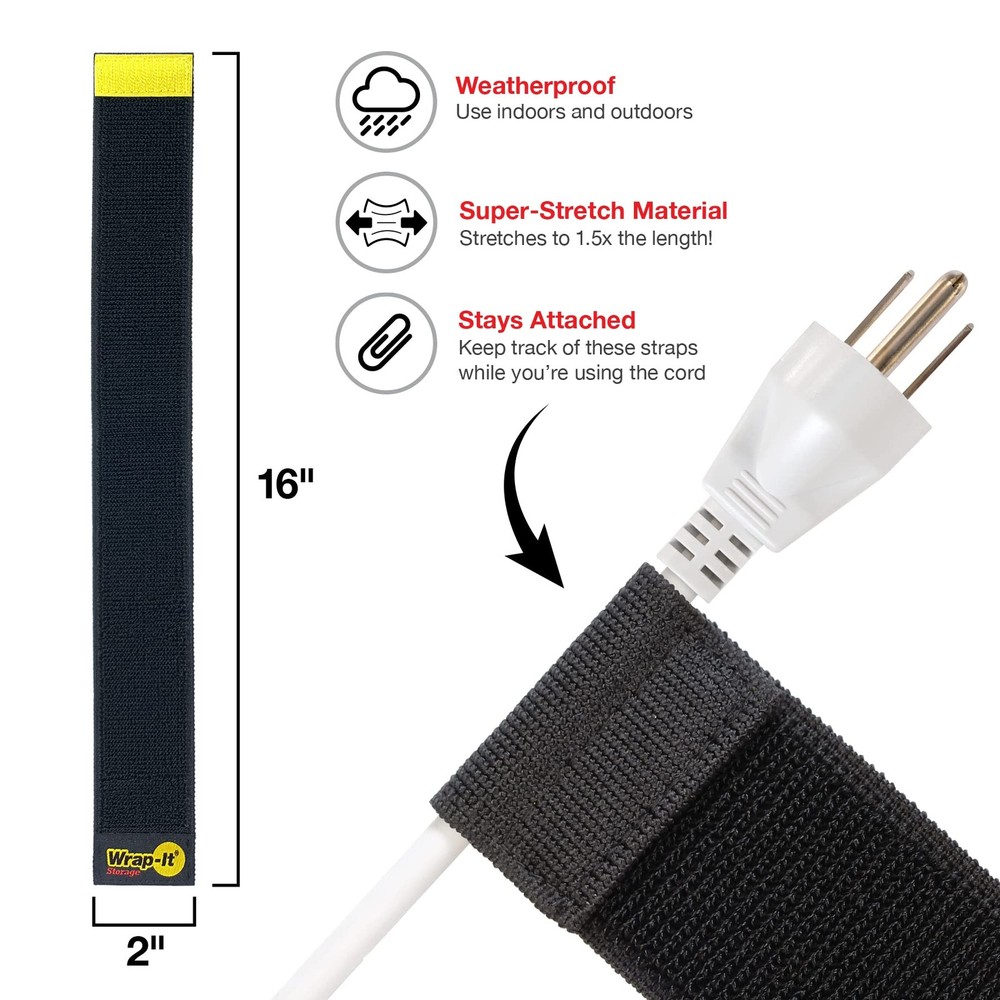 Wrap-It Storage Selfie Straps 16in 6-Pack Black Reusable Hook Loop Cable Ties