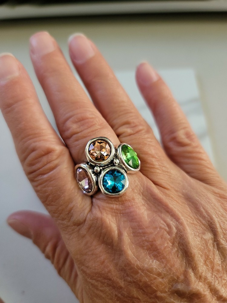 uno de 50 STYLE 4 stone round circle ring crystal Caribbean blue multi silver