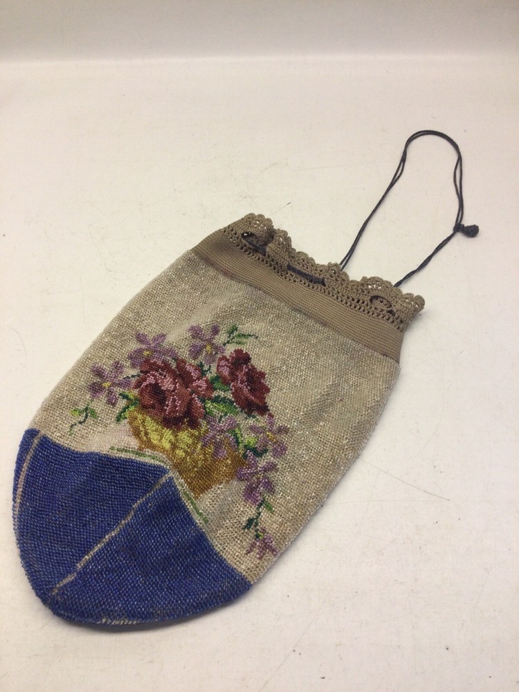 Antique Beaded Roses Drawstring Bag Purse