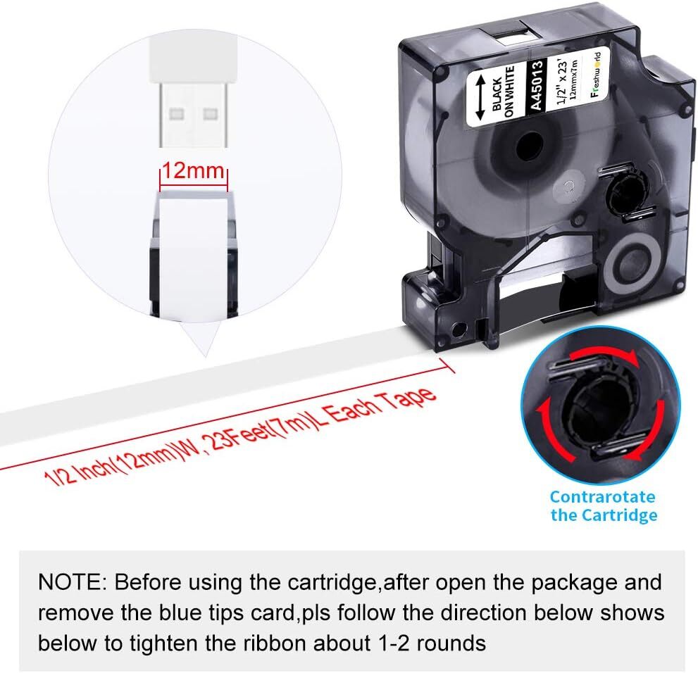 5x dymo label tape D1 45013 Black on White 1/2 Inch x 23 Feet Compatible product