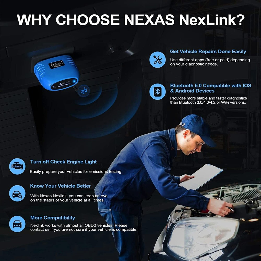 NEXAS NexLink Bluetooth OBD2 Scanner for Car Motorcycle Diagnostic Tool Reader