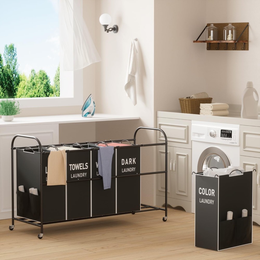 5-Section Laundry Sorter Cart, Large Laundry Hamper with Lockable Rolling Whe