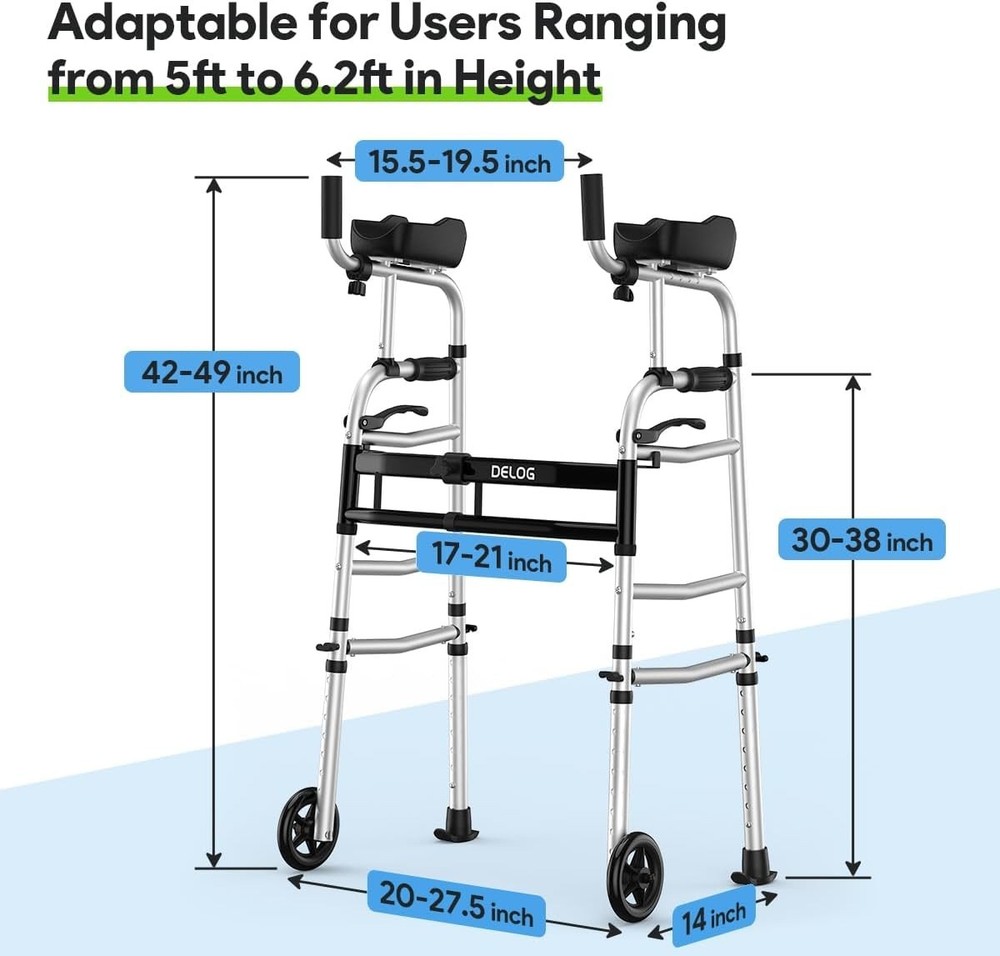 Folding Walker for Senior - Platform Walker with 5’’ Wheels and Removable Pad...