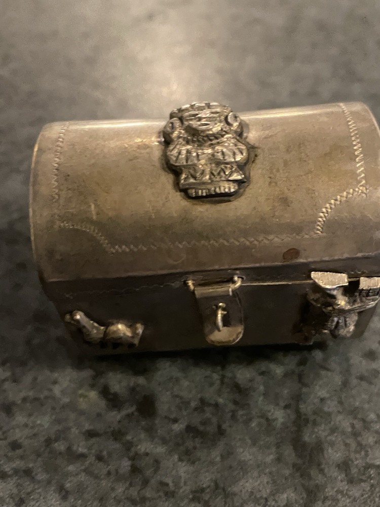 Antique Tiny Alpaca Silver Chest with embossed motifs & lock.