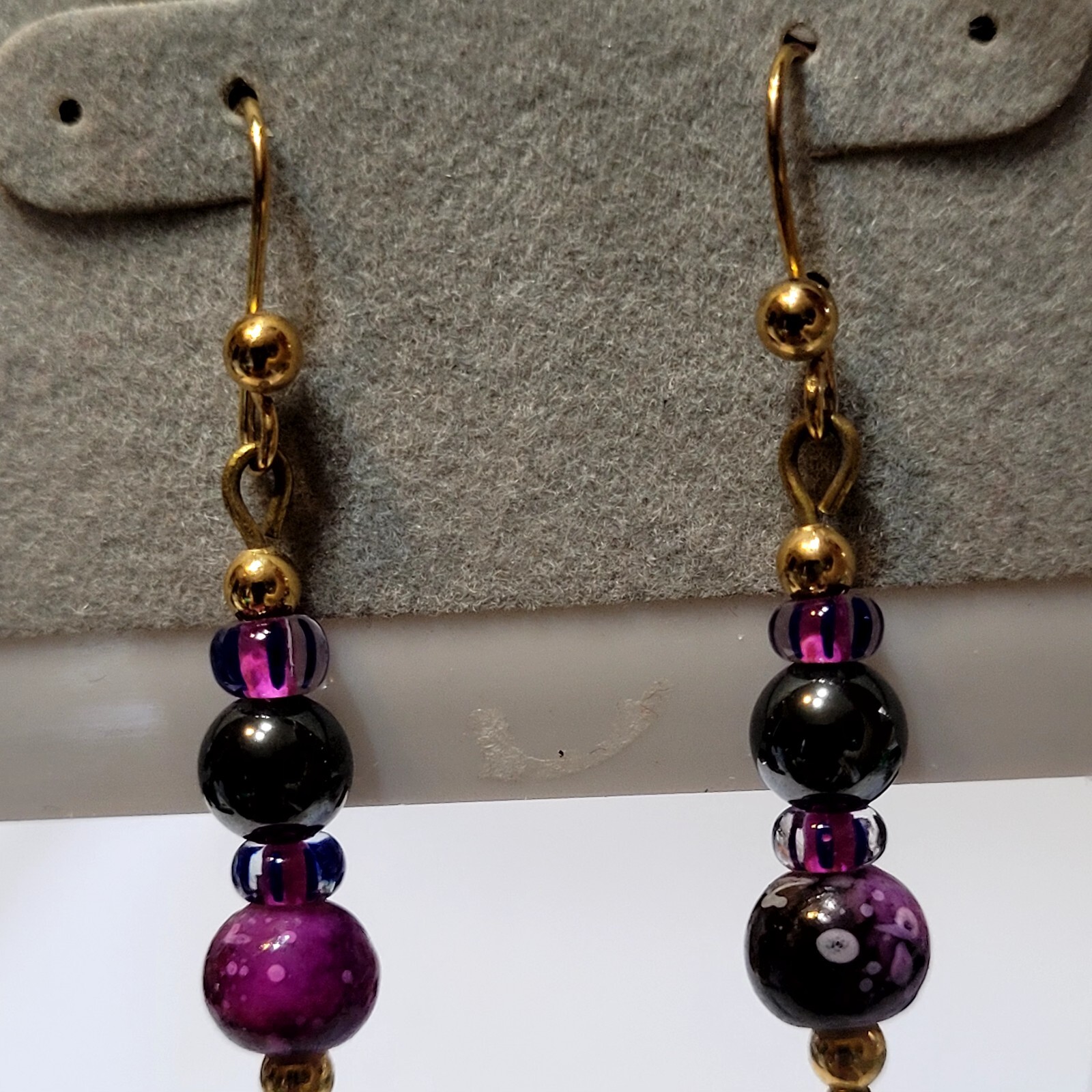 Goldtone Purple, Black, And Gold Beaded Pierced Hook Earrings