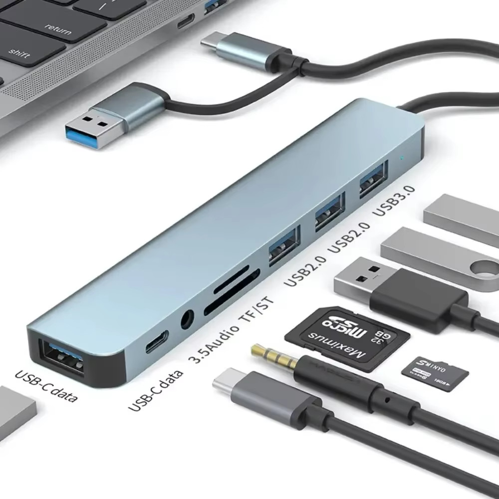 8-in-2 USB + Type C Hub Docking Station with Audio Jack & SD Card Reader Adapter