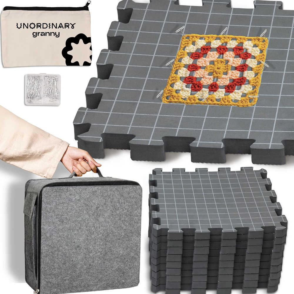 Crochet Blocking Board Set – 9 Extra Thick Interlocking Mats with Grid, 150 T-Pi