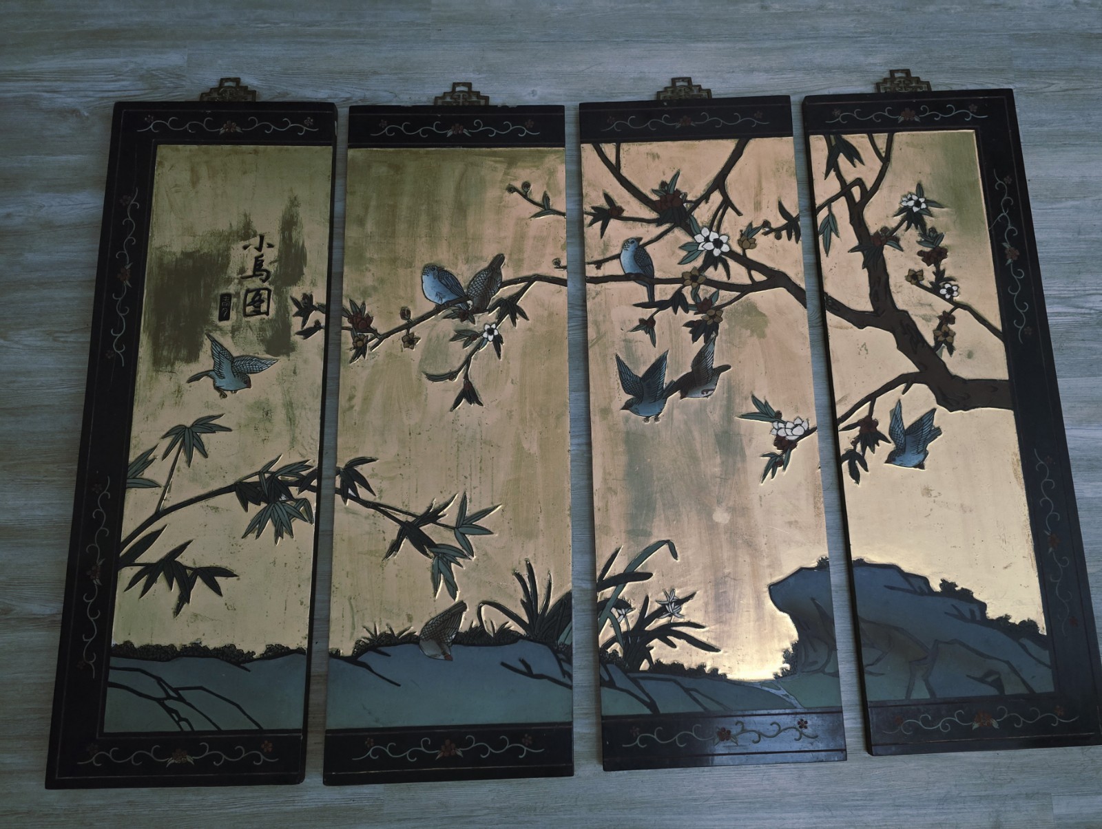 Vtg  Gold Coromandel Asian  4 Panels Wall Decor with Bird & Flower Motif