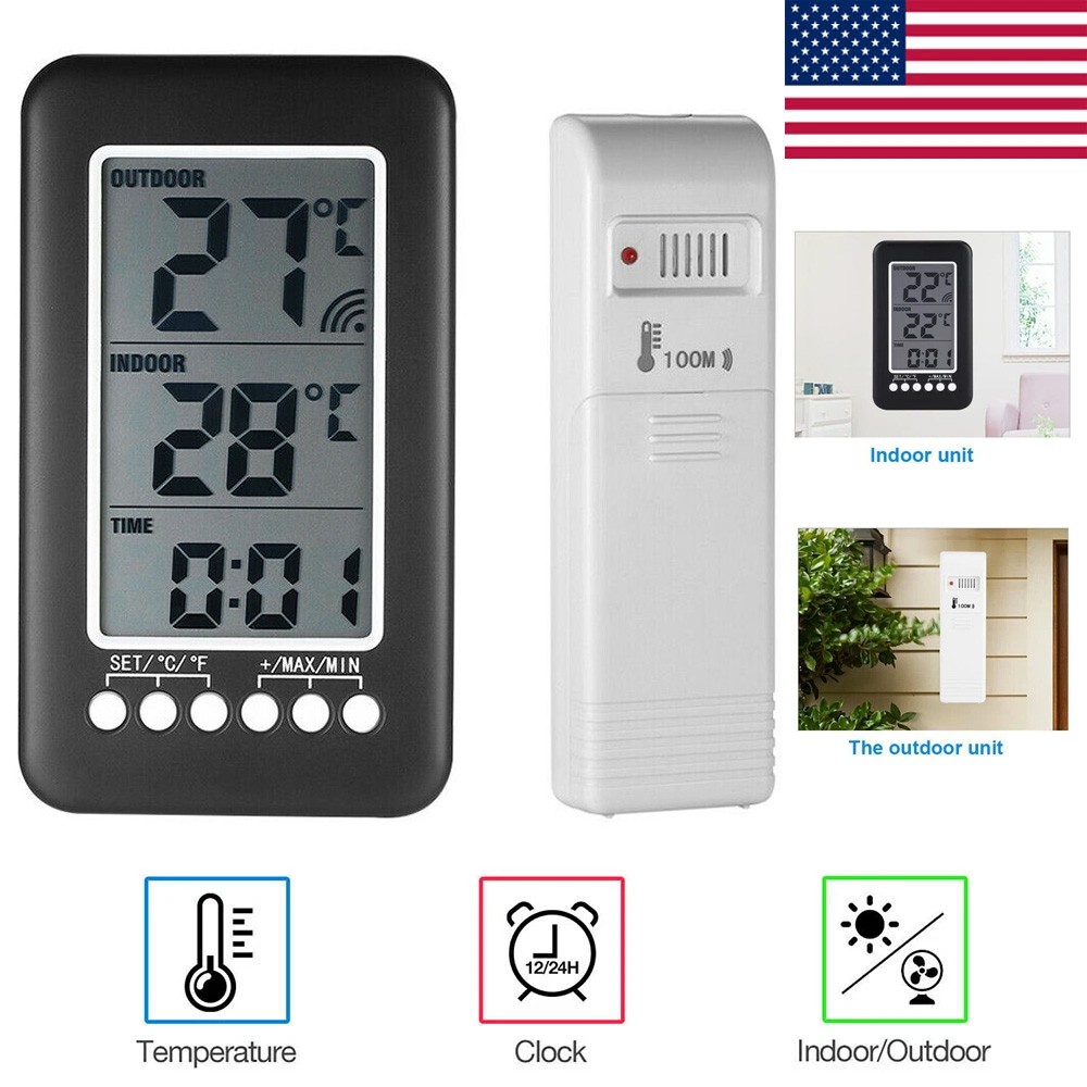 Digital Thermometer Clock Temperature Wireless Transmitter Meter Indoor/Outdoor