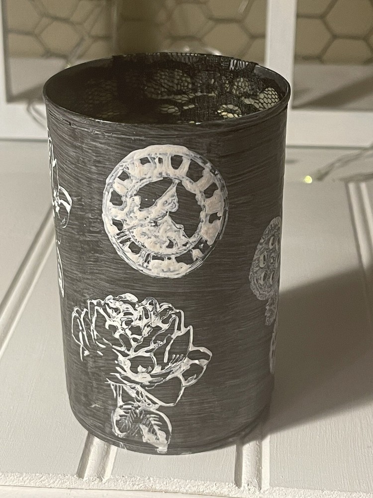 tin can decor handmade- Time Clock-U-Out Decoupaged 4.5” High 3”diameter