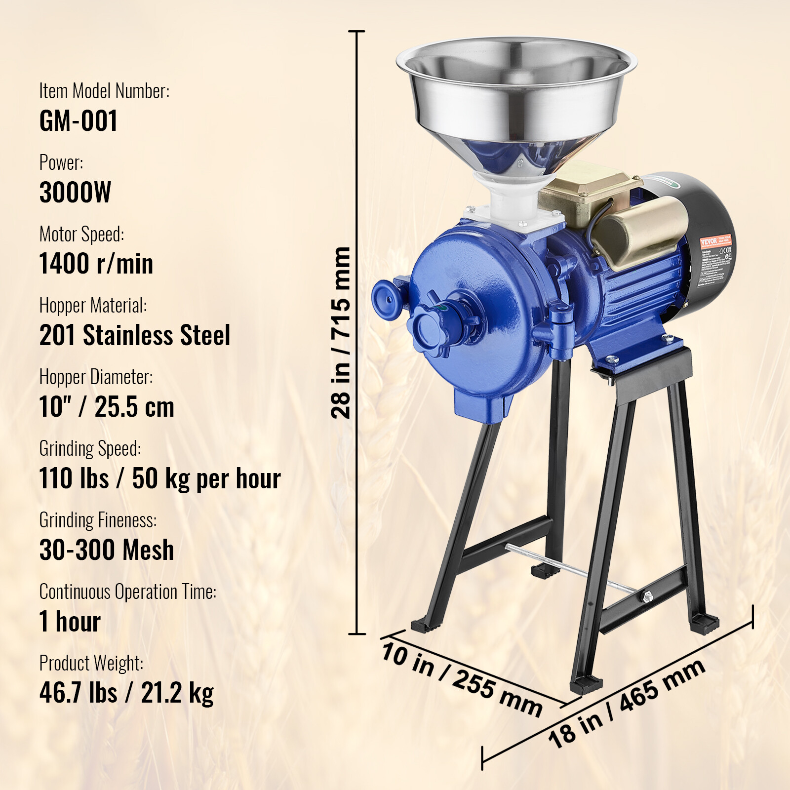VEVOR 3000W Electric Grain Grinder Corn Wheat Flour Cereal Mill Dry Grinder