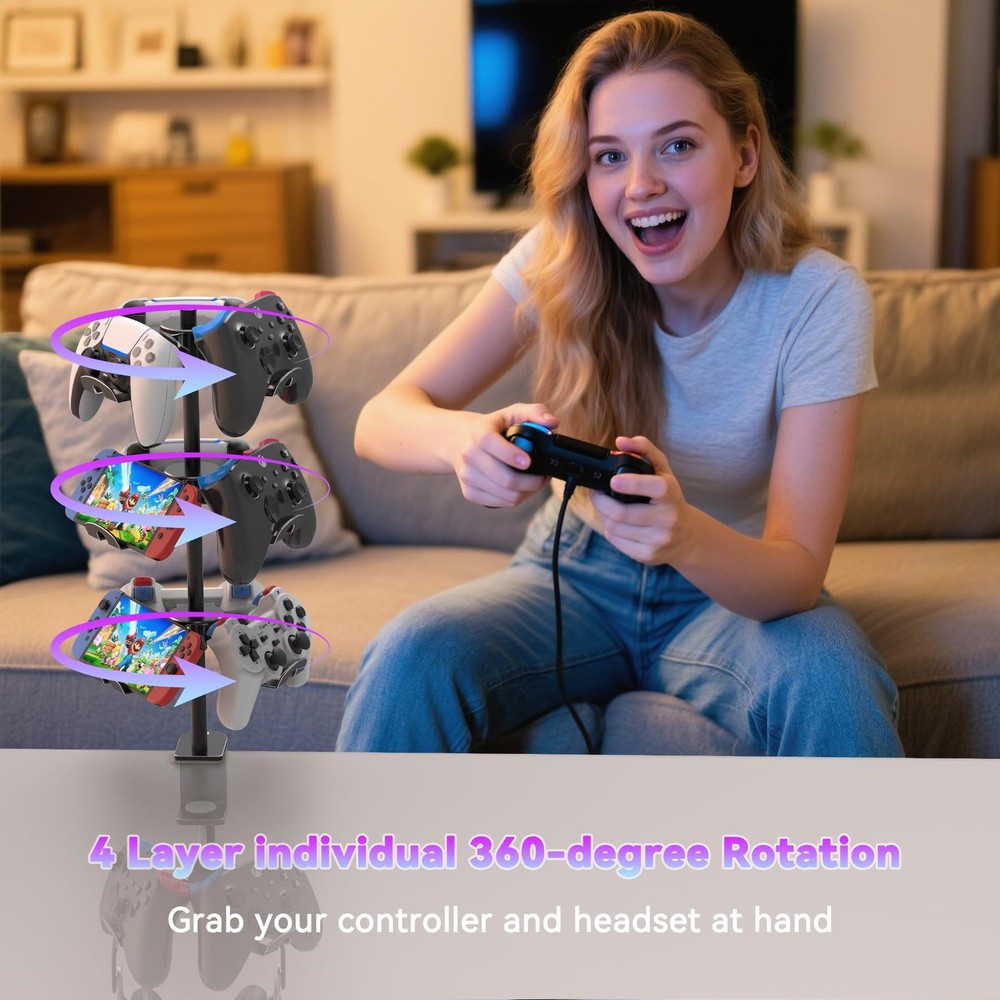 Rotatable 4 Tier Desk Clamp Controller Headset Stand, Universal Under Desk Co...