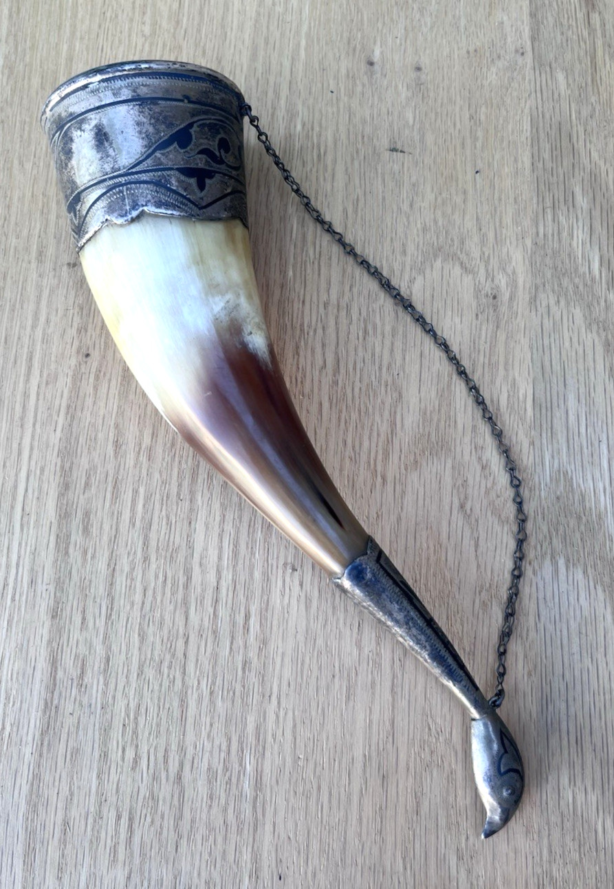 Vintage Russian Viking Caucasian Drinking Horn Sterling Silver Bird Head Chain