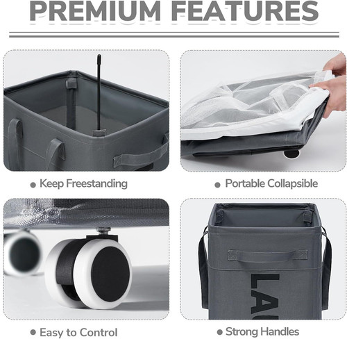 CHICVITA Hamper with Wheels 2-Pack, 75L Large Laundry Grey