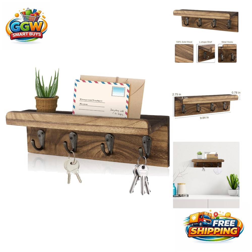 Rustic Wall Key Holder with 4 Hooks & Floating Shelf for Elegant Organization