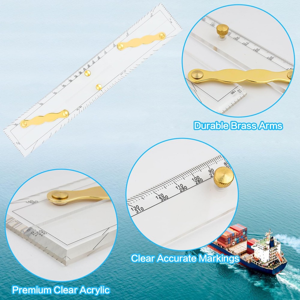 3 Pcs Basic Navigation Set,Including 15inch Parallel Ruler with Brass Arms, N...
