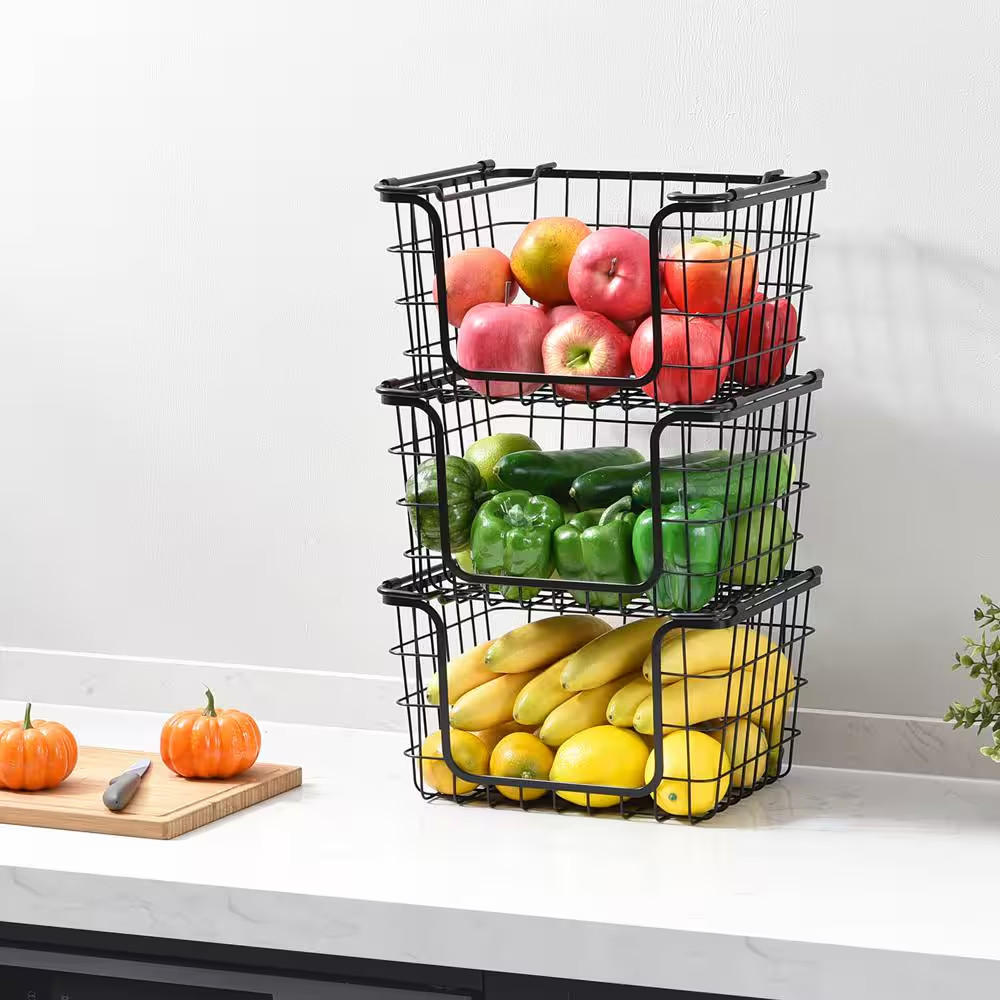Stackable Metal Wire Storage Basket Set for Pantry, Countertop, Kitchen or Bathr