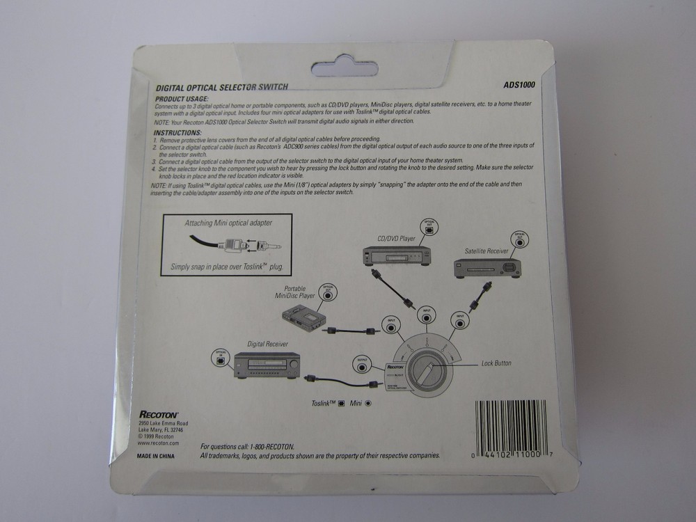 Recoton ADS1000 Digital Optical Audio Selector Switch New