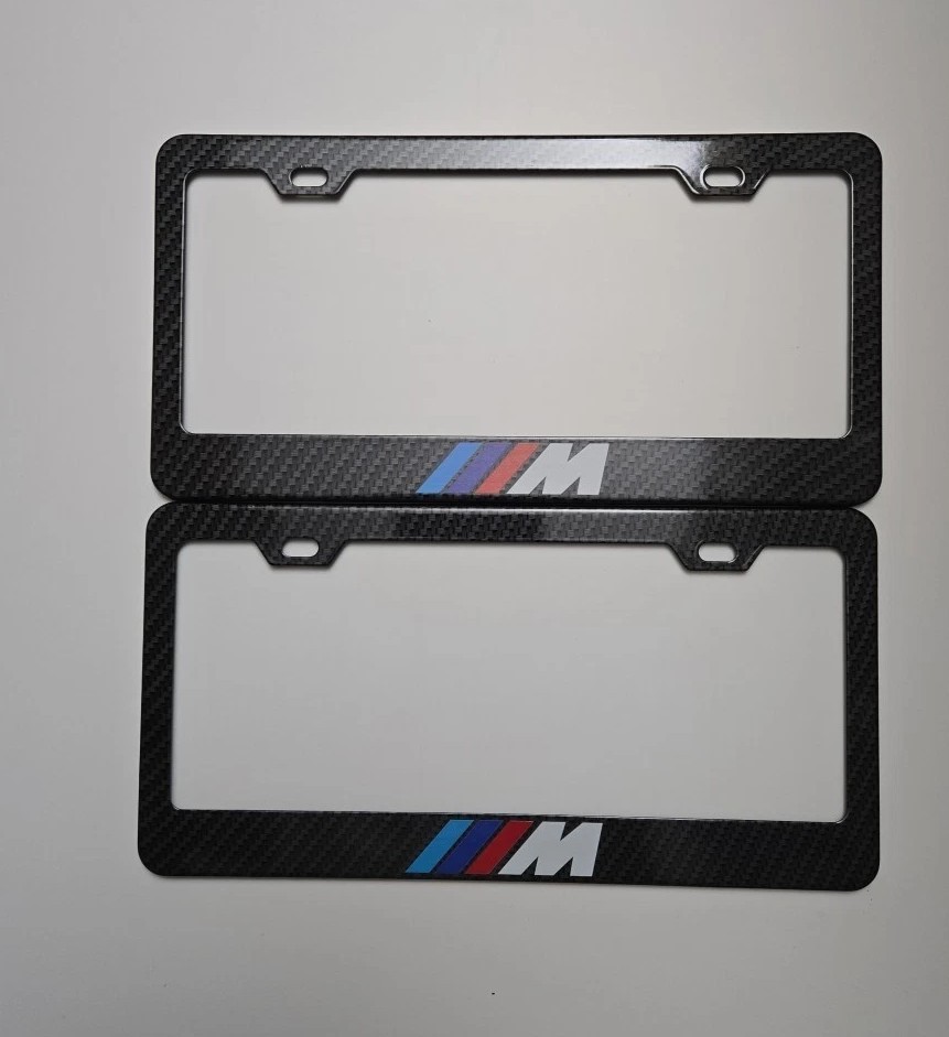 2X /-M Stainless Steel Finished License Plate Frame Holder Carbon Fiber