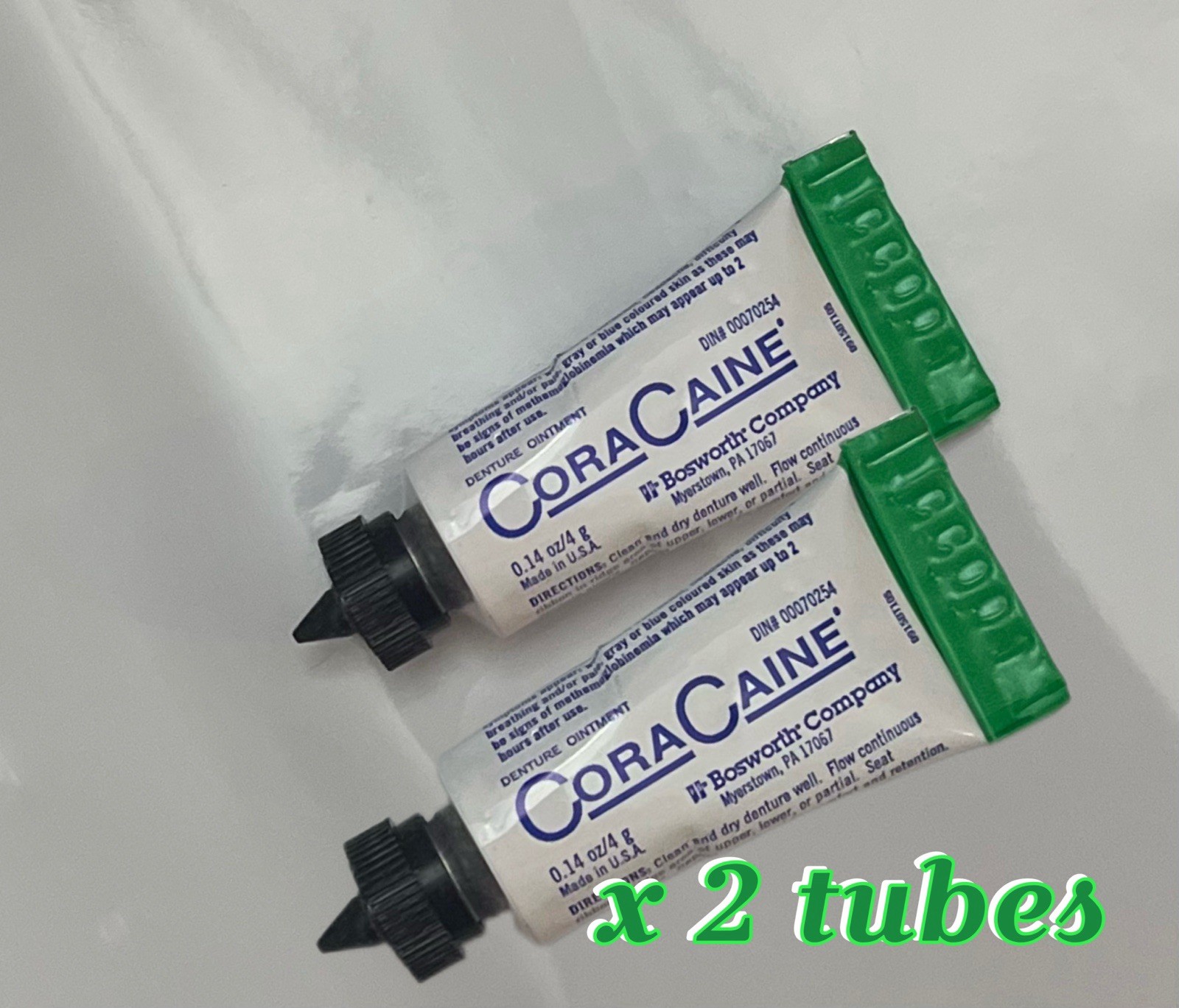 (2) Bosworth 16621 Cora-Caine 16% Topical Denture Adhesive•4gm tubes•EXP 2/24/28