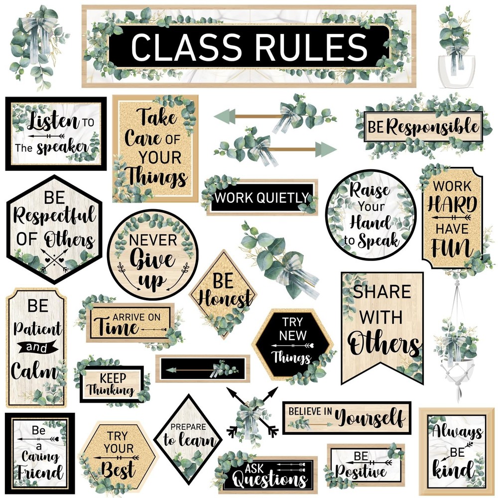 Class Rules Bulletin Board Decorations Eucalyptus Classroom Rules Motivationa...
