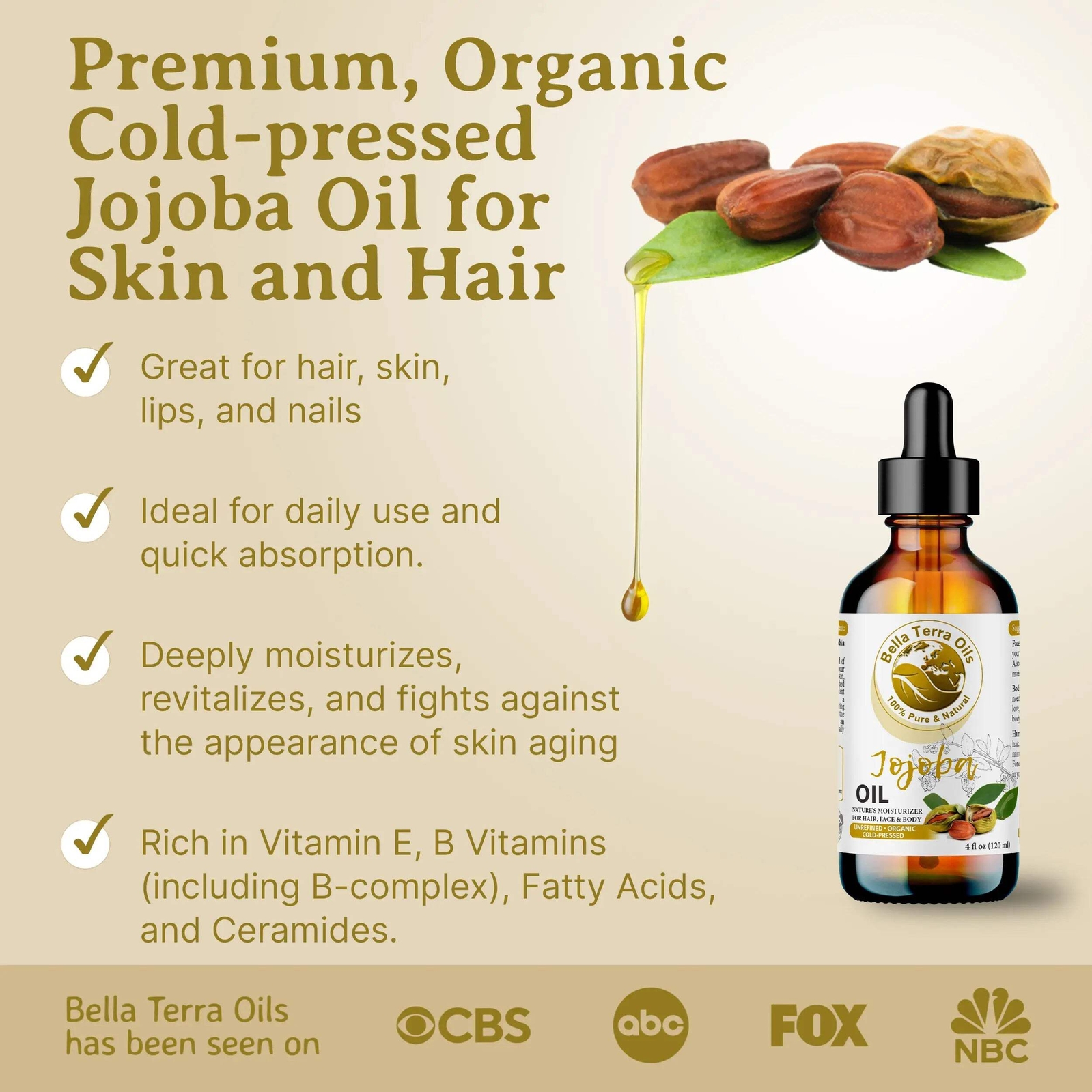 Organic Cold-Pressed Golden Jojoba Oil 100% Pure Skin Hair Face Moisturizer