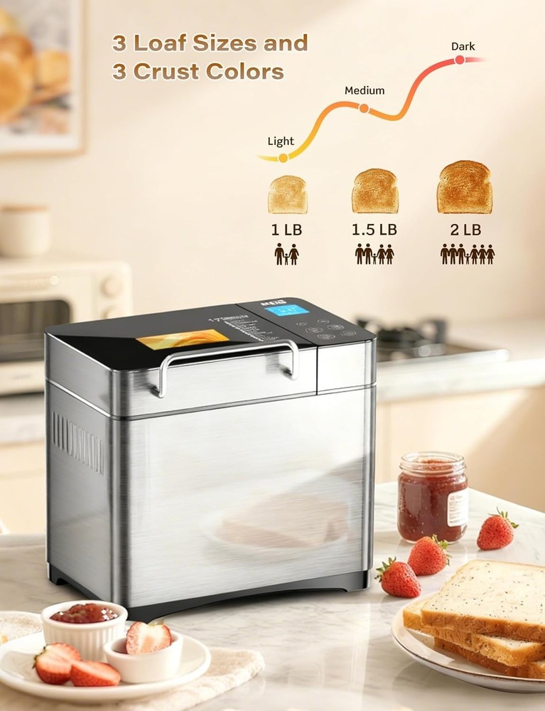 Luxury 2LB Bread Machine - Smart 17 Programs, Ceramic Pan & Touchscreen Control