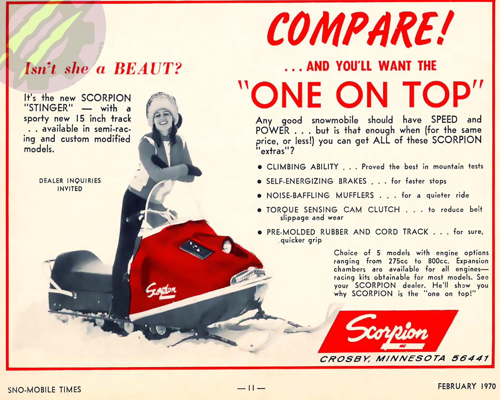 1970 Scorpion Stinger Snowmobile Advertisement Print – Vintage Sno-Mobile Times