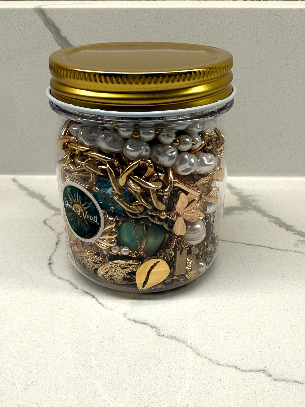 Mystery Jewelry Jar 8 oz – Gold Tone, Blue & Pearl Accents, Wearable Lot