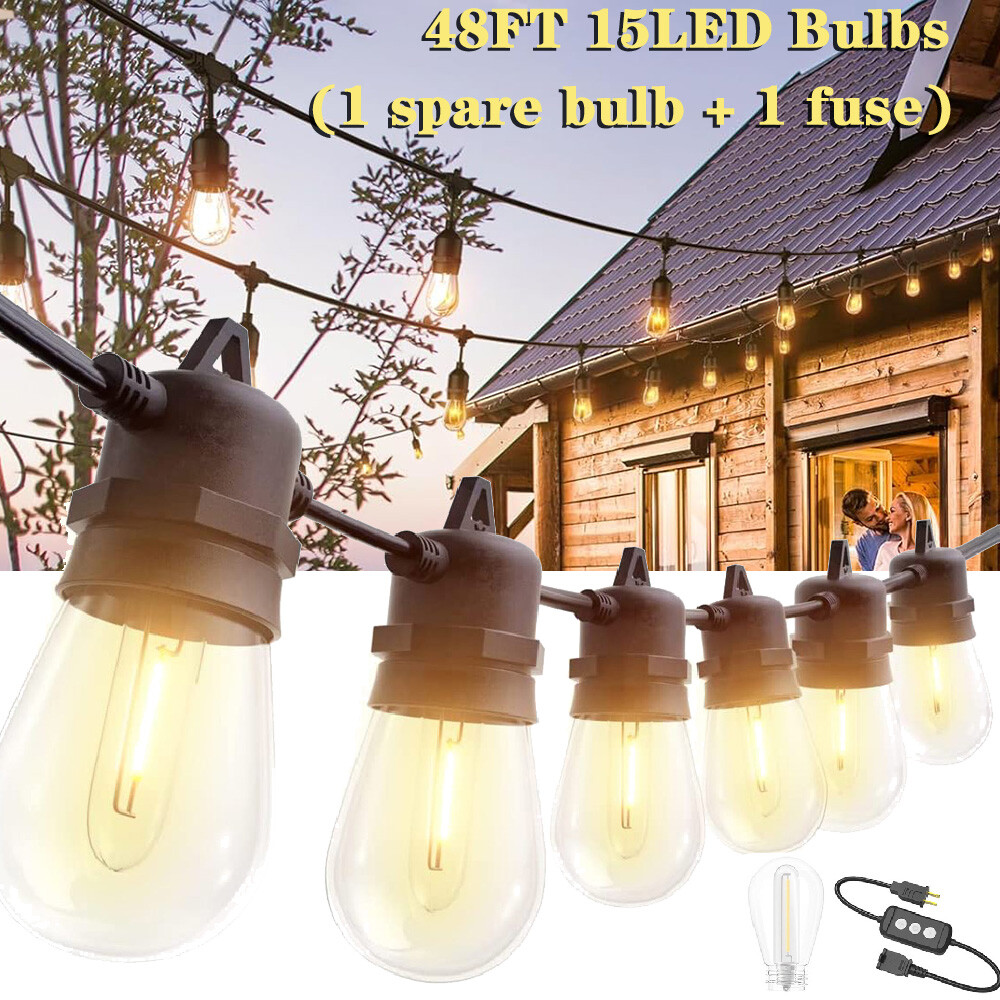 48 FT Outdoor String Lights Commercial Grade Weatherproof 15 bulb Heavy Duty US