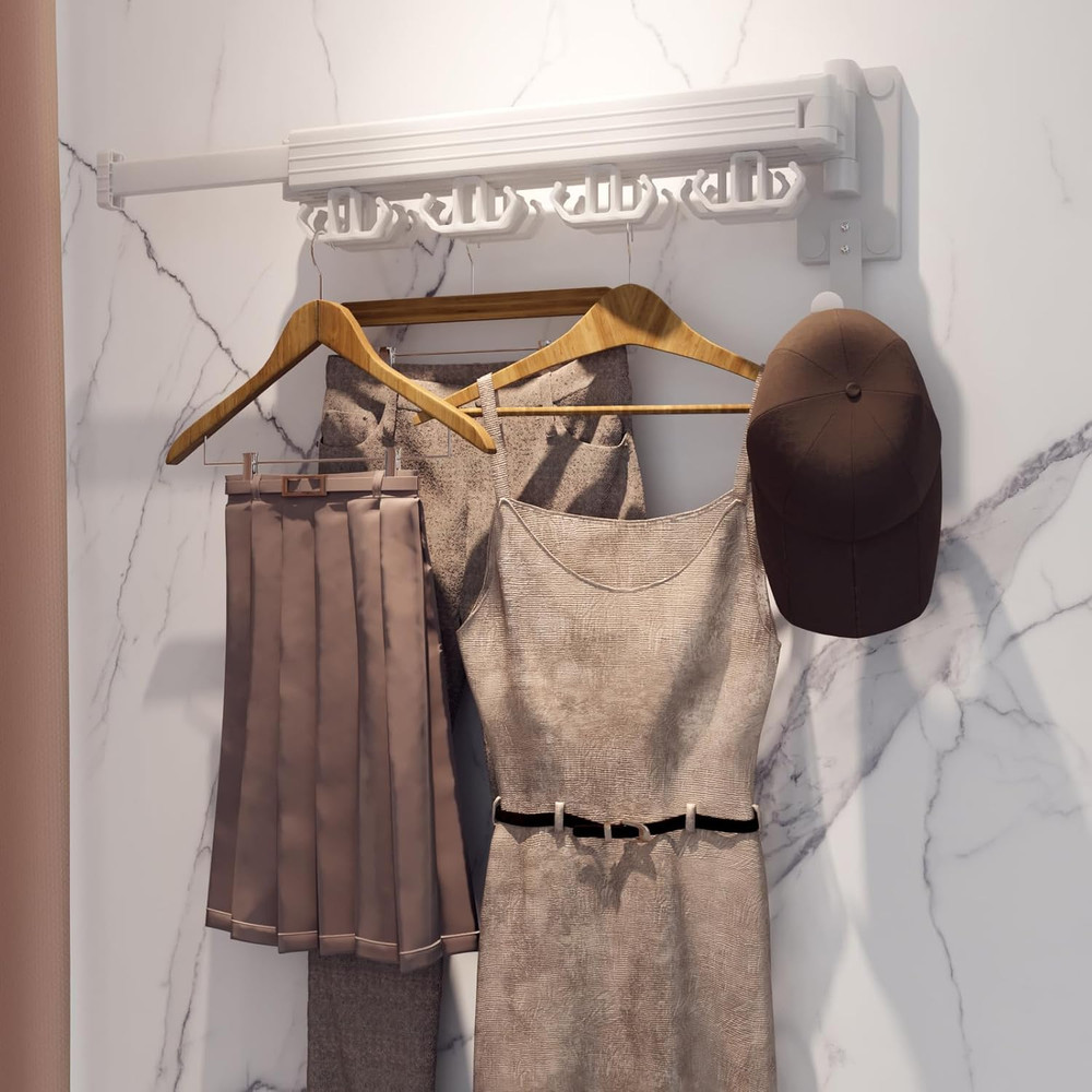 Wall-Mounted Retractable Clothes Drying Rack with 12 Hooks - Space Saver