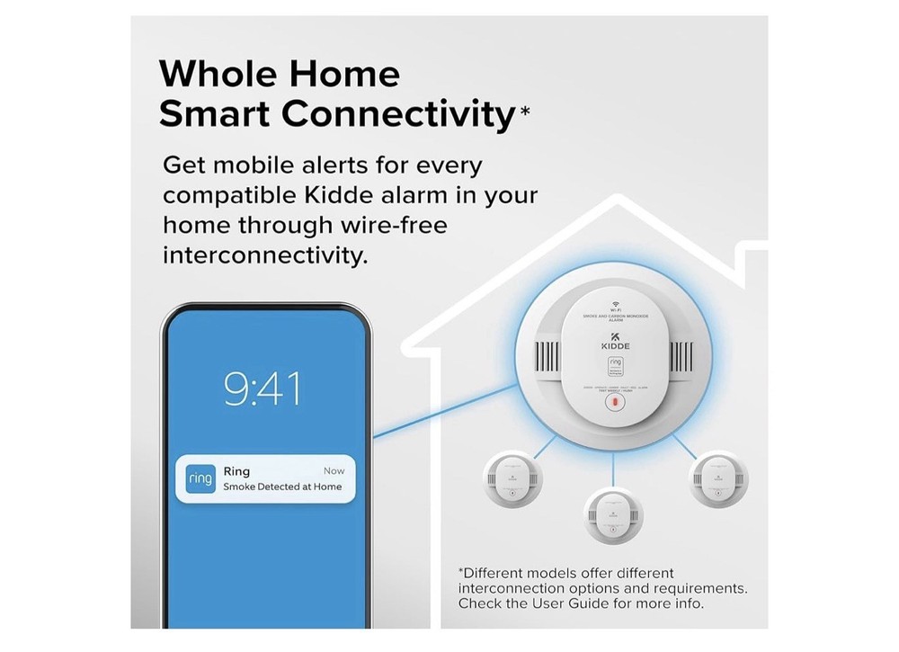 Kidde Smart Smoke Detector Ring App Enabled Hardwired Alarm AA Battery Backup