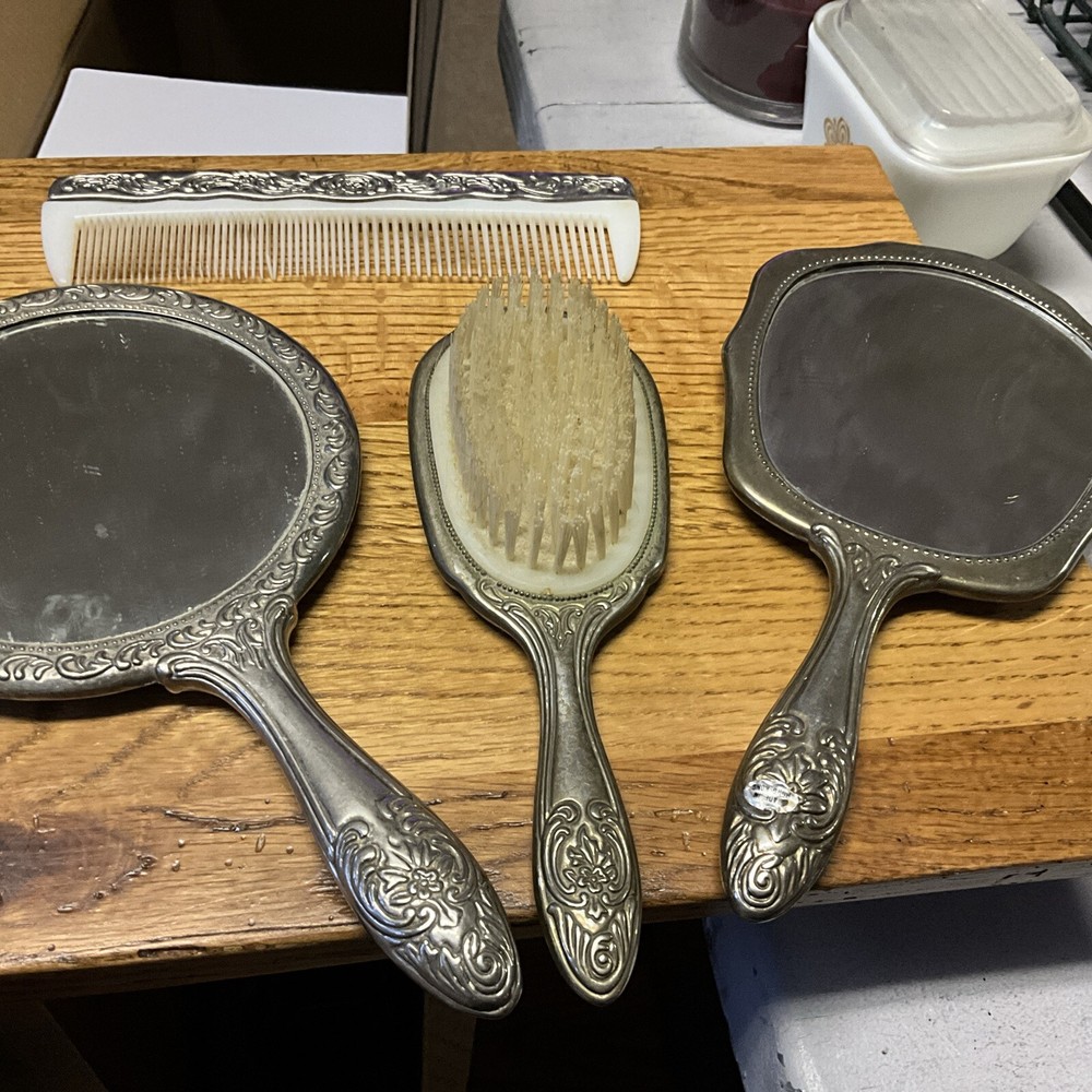 4 Piece Heavy Silver Color, Brush & Comb And 2 Handheld Mirrors