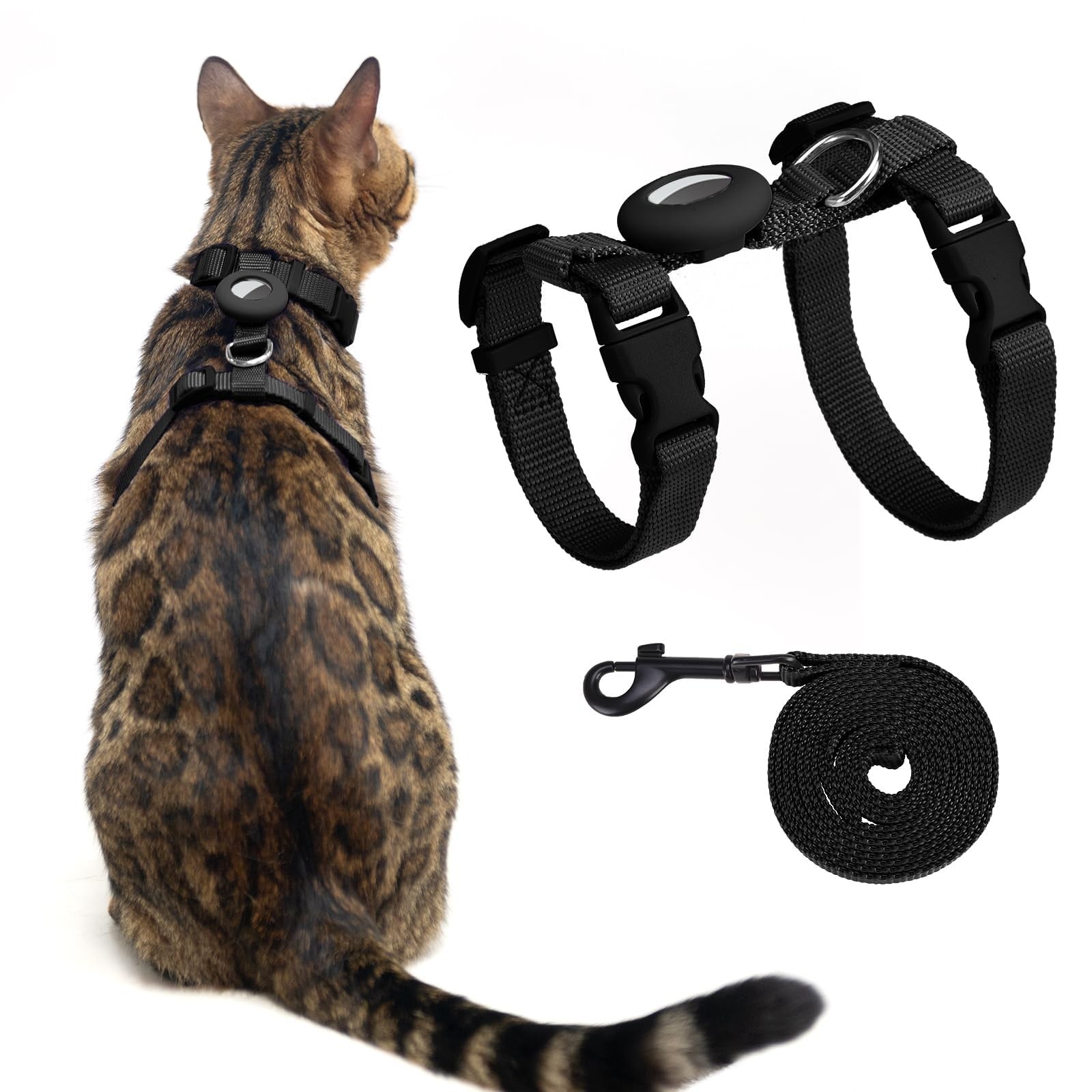 Cat Harness Leash Set Airtag Holder Walking Escape Proof Adjustable Vest Black