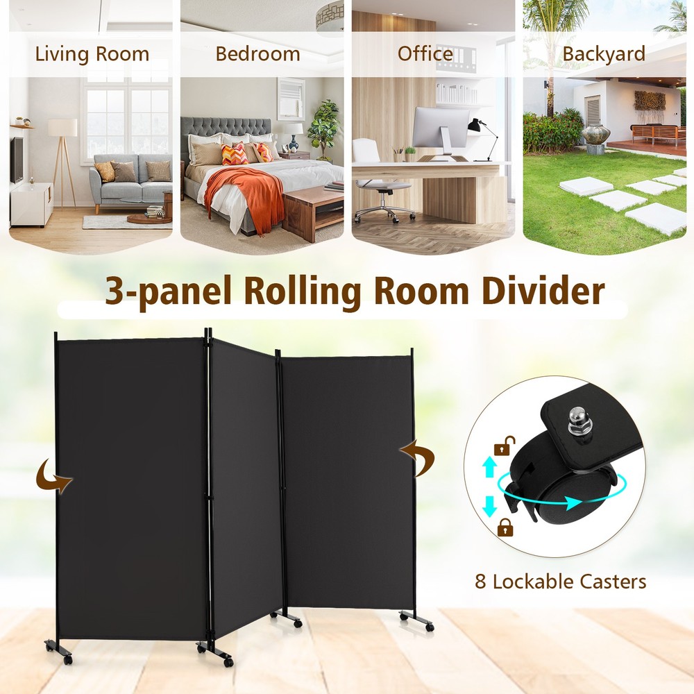 3-Panel Folding Room Divider 6' Rolling Privacy Screen w/Lockable Wheels Grey