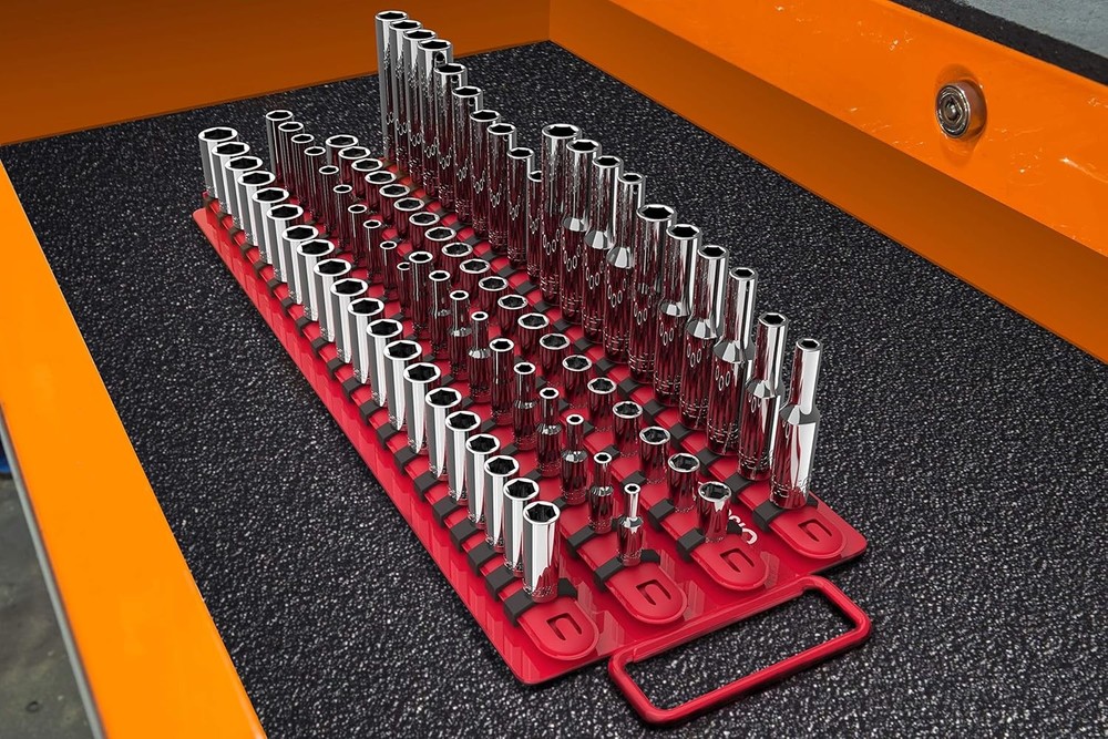 Olsa Tools Socket Organizer Tray - Portable Red Rail with Black Clips