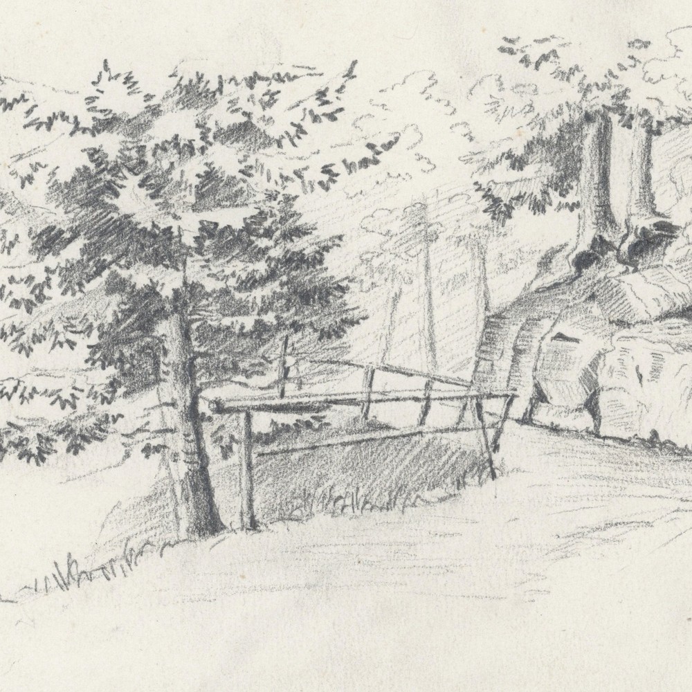 Forest Path Drawing 1885 Landscape Impressionism Pencil Original Unsigned