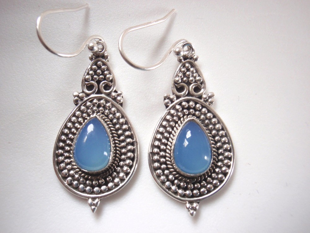 Chalcedony 100-Dots Accented 925 Sterling Silver Dangle Drop Earrings