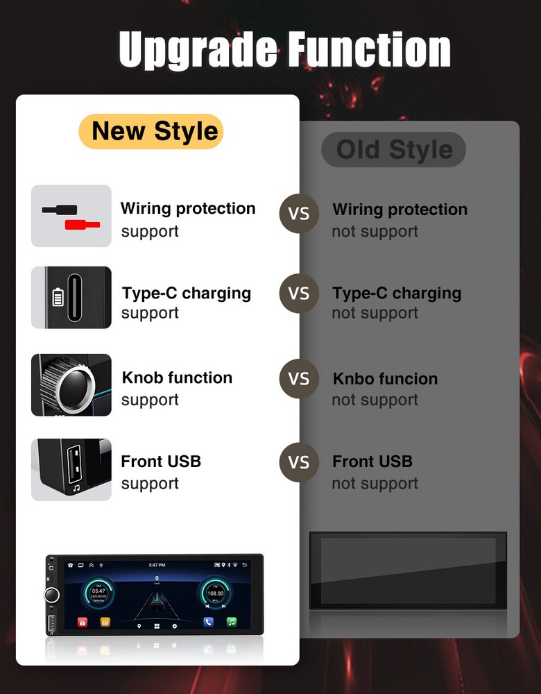 Single 1DIN 7" Wireless iOS Carplay Car Stereo Android 12 GPS IPS USB TypeC +AHD