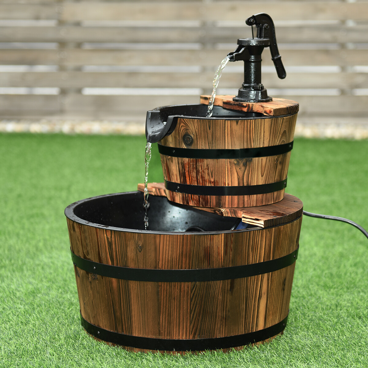 2 Tier Barrel Waterfall Fountain Barrel Wooden Water Fountain Pump Garden Patio