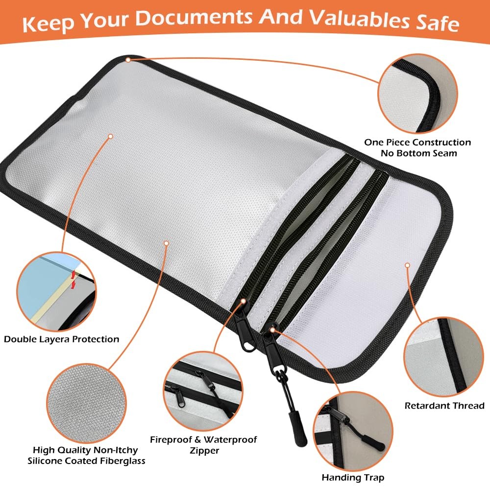 Fireproof Waterproof Document Bag - 2000℉ Protection, Upgraded Two Pockets, R...