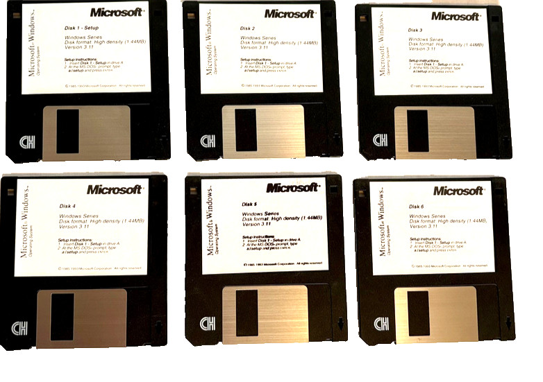 VIntage Microsoft Windows Operating System Version 3.11 on six 3.5" Floppy Disks