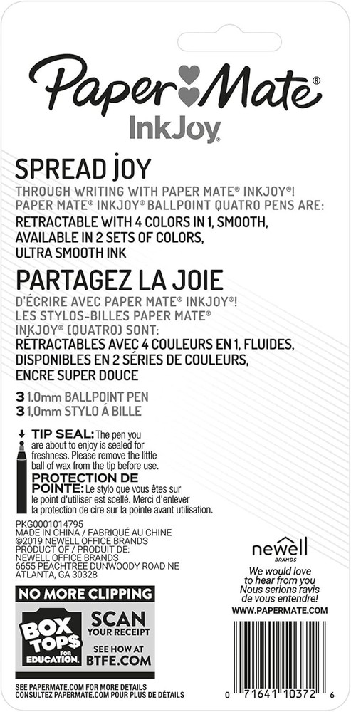 InkJoy Quatro Retractable Ballpoint Pens, Medium Point, Assorted Colors, 3 Pack