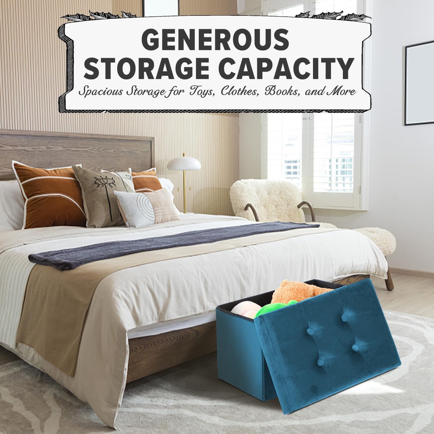 Storage Ottoman Folding Foot Stool Velvet Foot Rest with Padded Modern Ottoma...