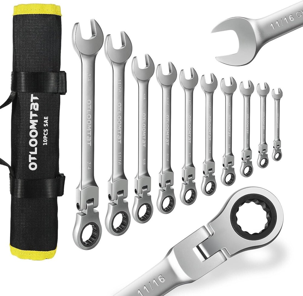10pcs Flexible Head Ratcheting Wrench Set Double Box End SAE Spanner Tool Kit